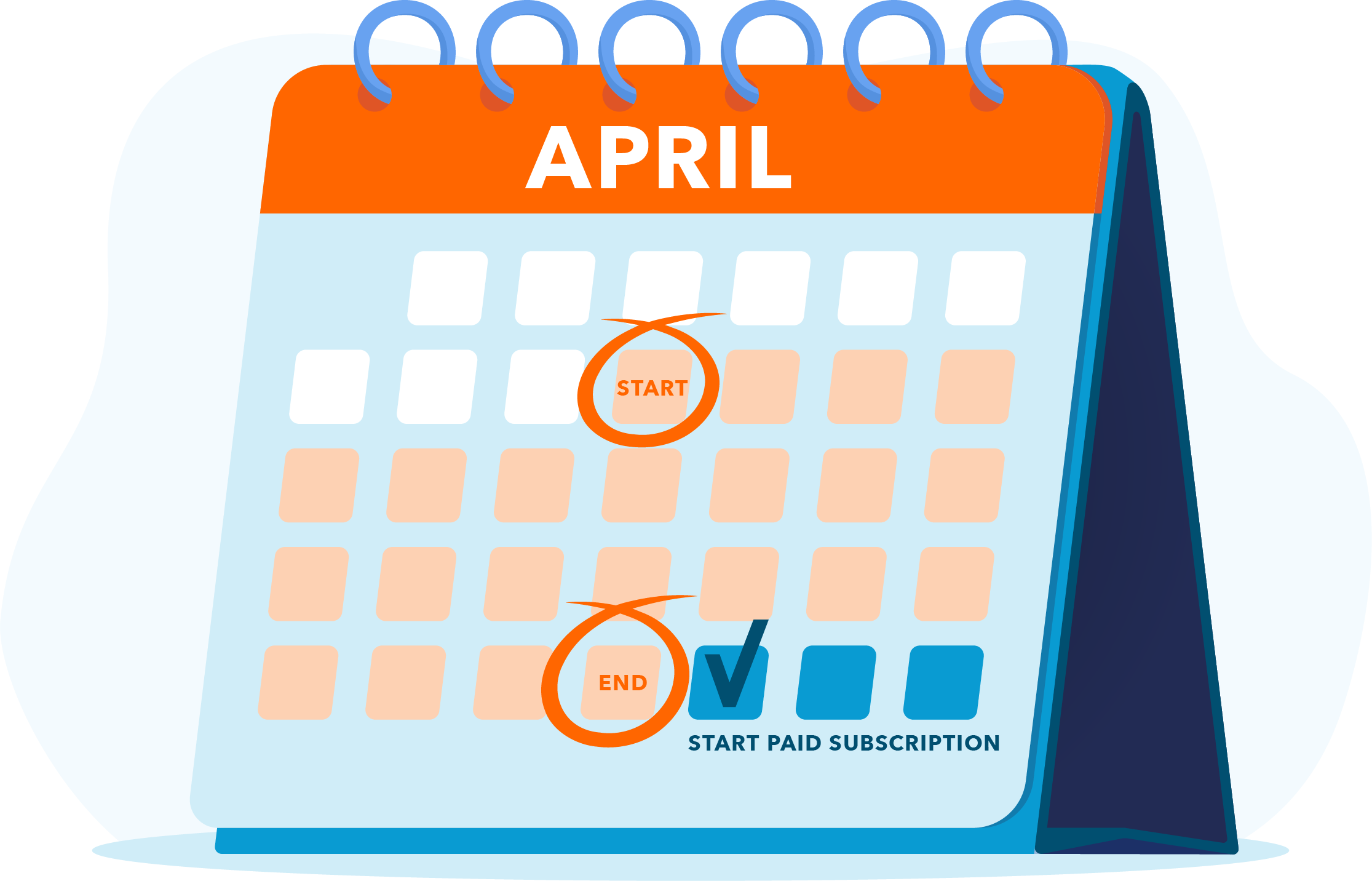 First Monthly Filing Free Terms Calendar graphic showing start and end