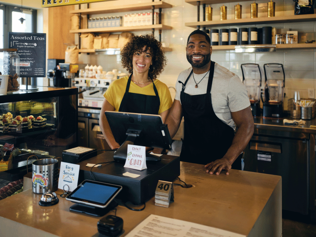 Dueños de restaurantes sonrientes y serviciales.